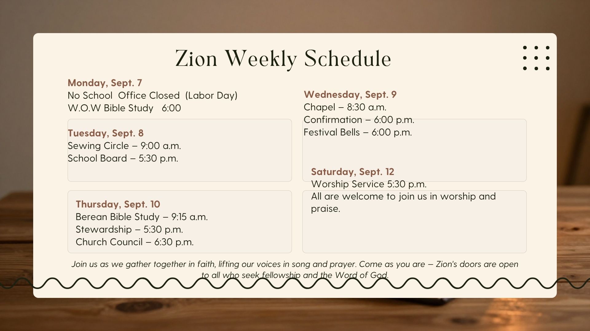 This Week at Zion 9/7 to 9/12